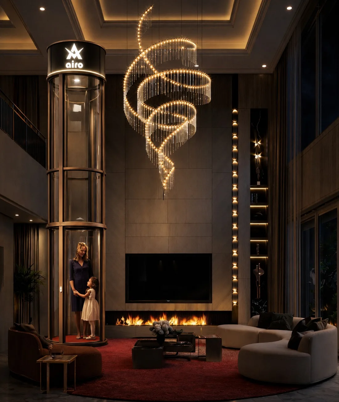 Airo vacuum elevator in a luxury living room with a mother and daughter inside the cabin