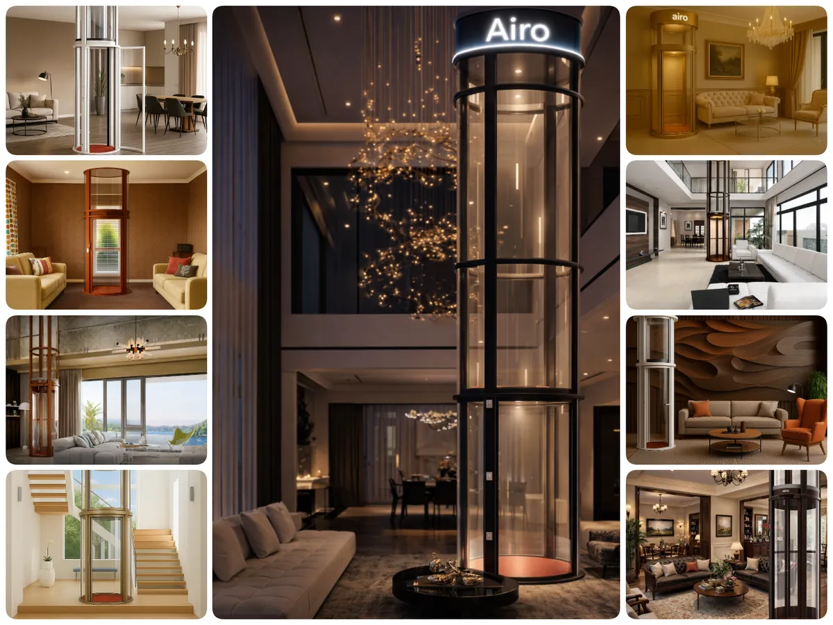 Collage of Airo vacuum home elevators installed in villas and luxury homes