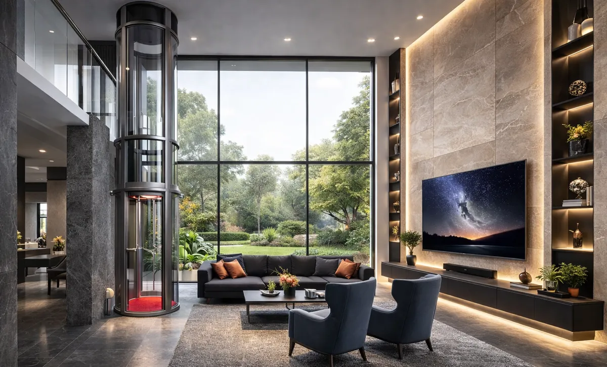 Airo panoramic vacuum home elevator in a contemporary Bangalore living room