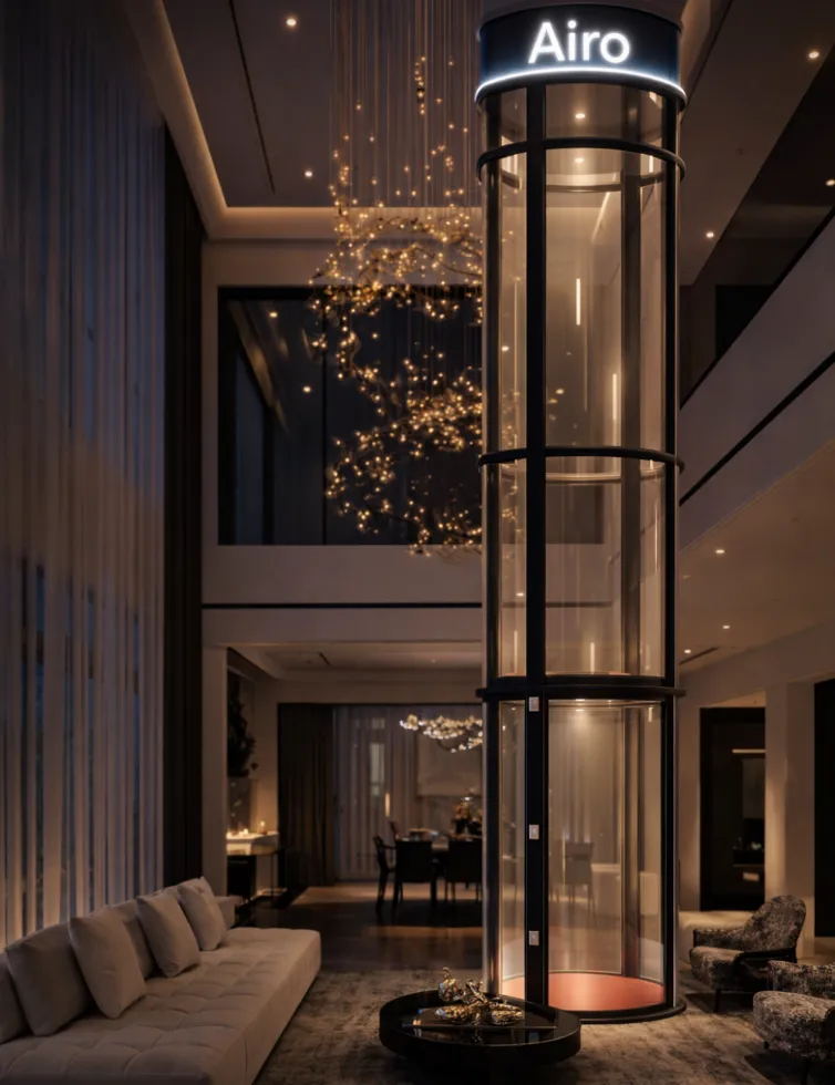 Airo branded panoramic vacuum home elevator in a double-height luxury residence