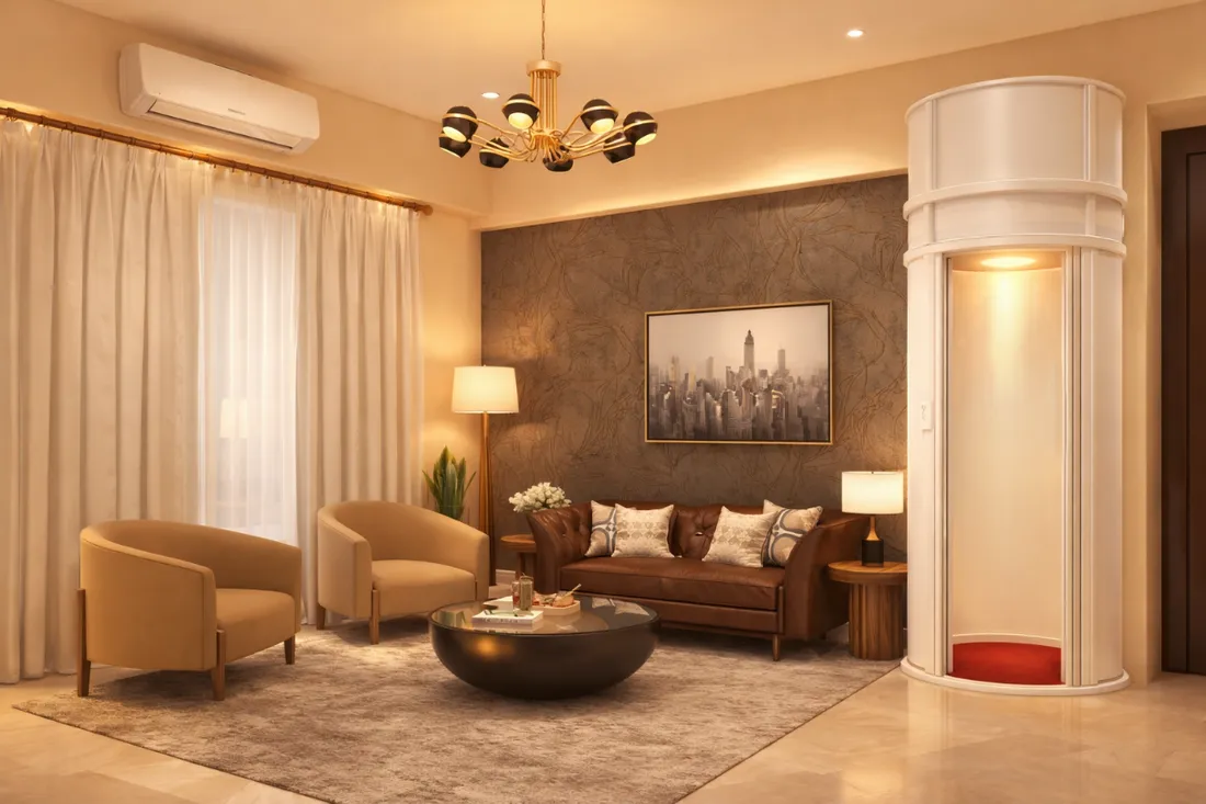 Compact Airo vacuum home elevator blending into the living room of a Bangalore villa