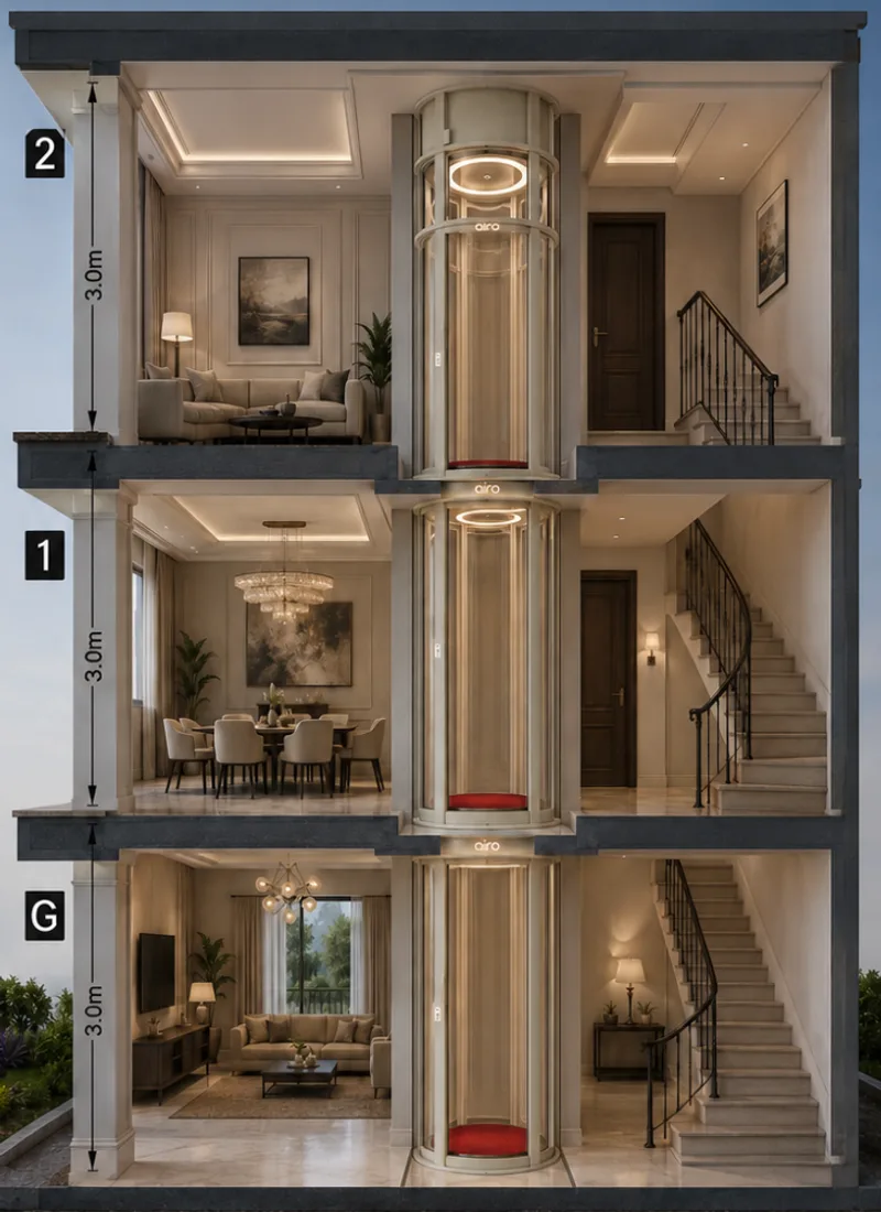 Cutaway of an Airo vacuum elevator serving three floors of a home