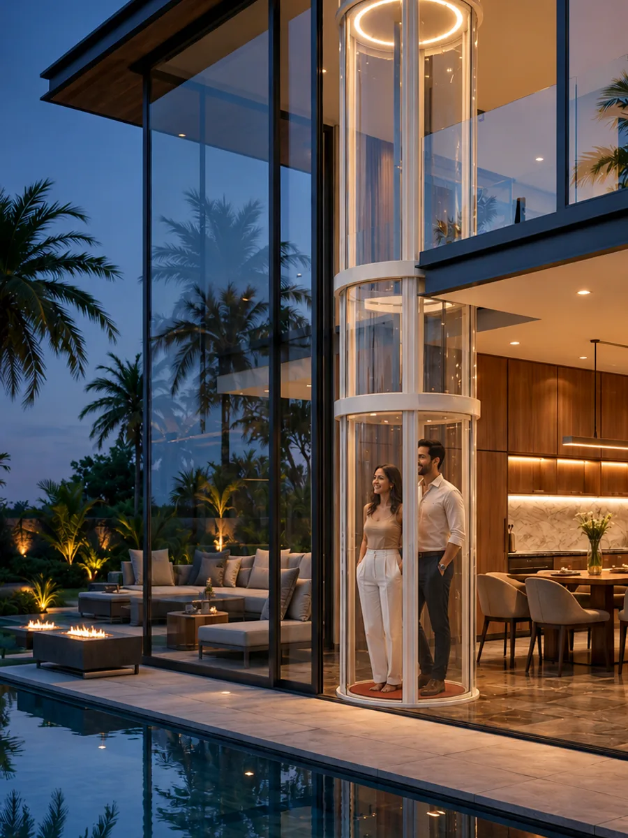Airo bespoke vacuum home elevator beside a luxury poolside villa at dusk