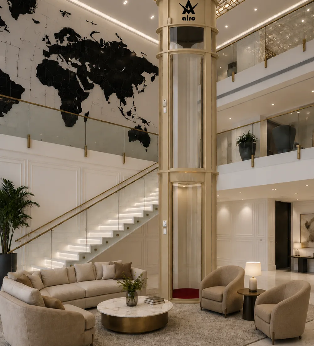 Airo panoramic vacuum elevator as a centrepiece in a luxury home lobby