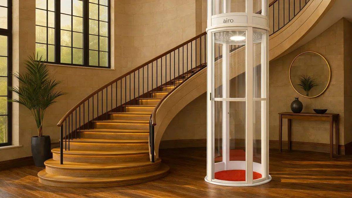 Compact Airo vacuum home lift beside a staircase, showing its small footprint