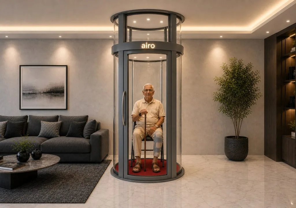 Senior-friendly Airo vacuum lift with foldable seat inside a luxury villa