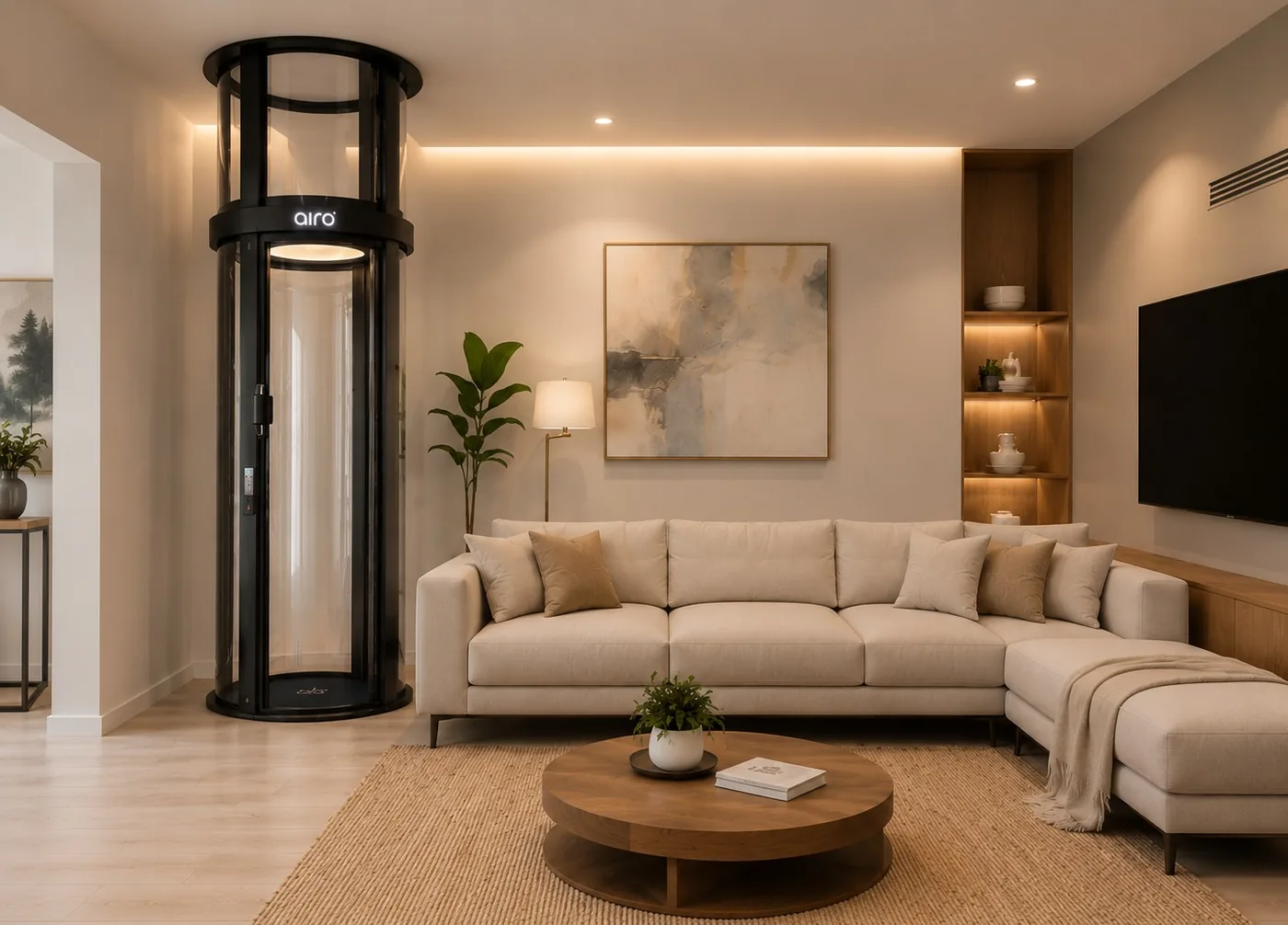 Airo panoramic vacuum home elevator in a contemporary Chennai living room