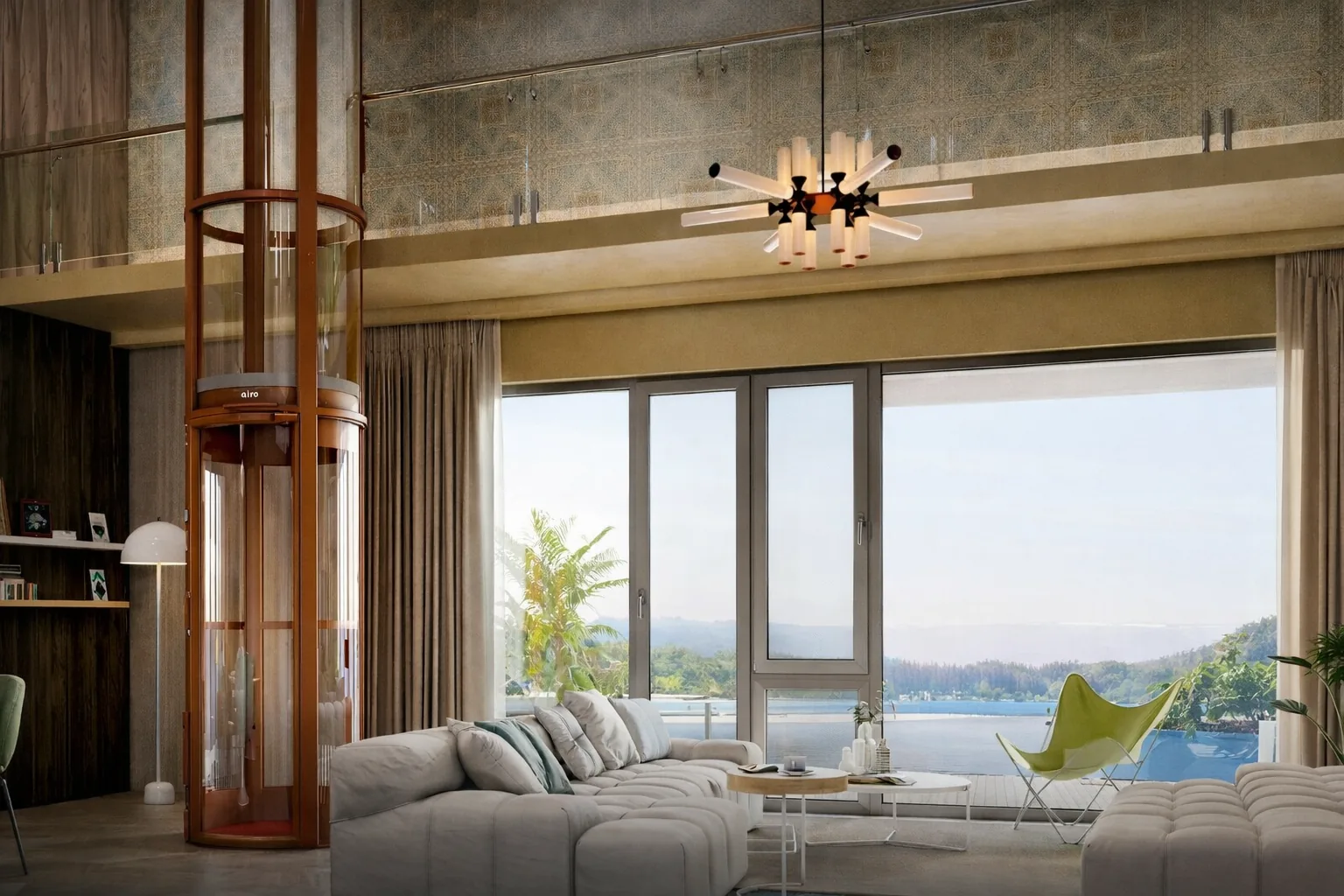 Airo home lift with morning view through panoramic windows