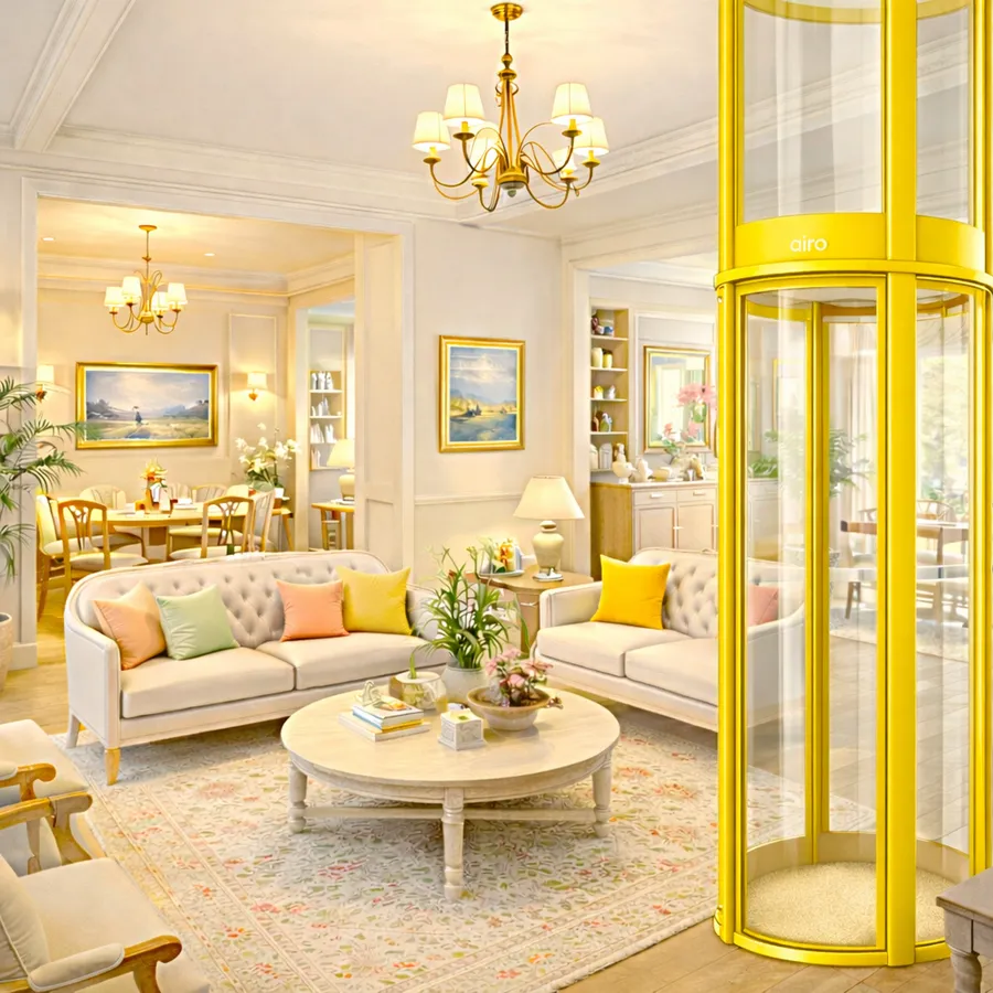 Compact Airo domestic elevator blending into an elegant home interior
