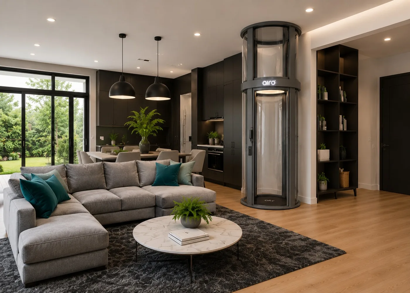 Airo panoramic vacuum home elevator in a contemporary Hyderabad living room