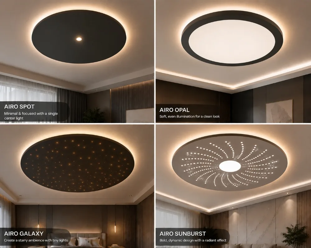 Airo cabin ceiling designs — Spot, Opal, Galaxy and Sunburst LED variations