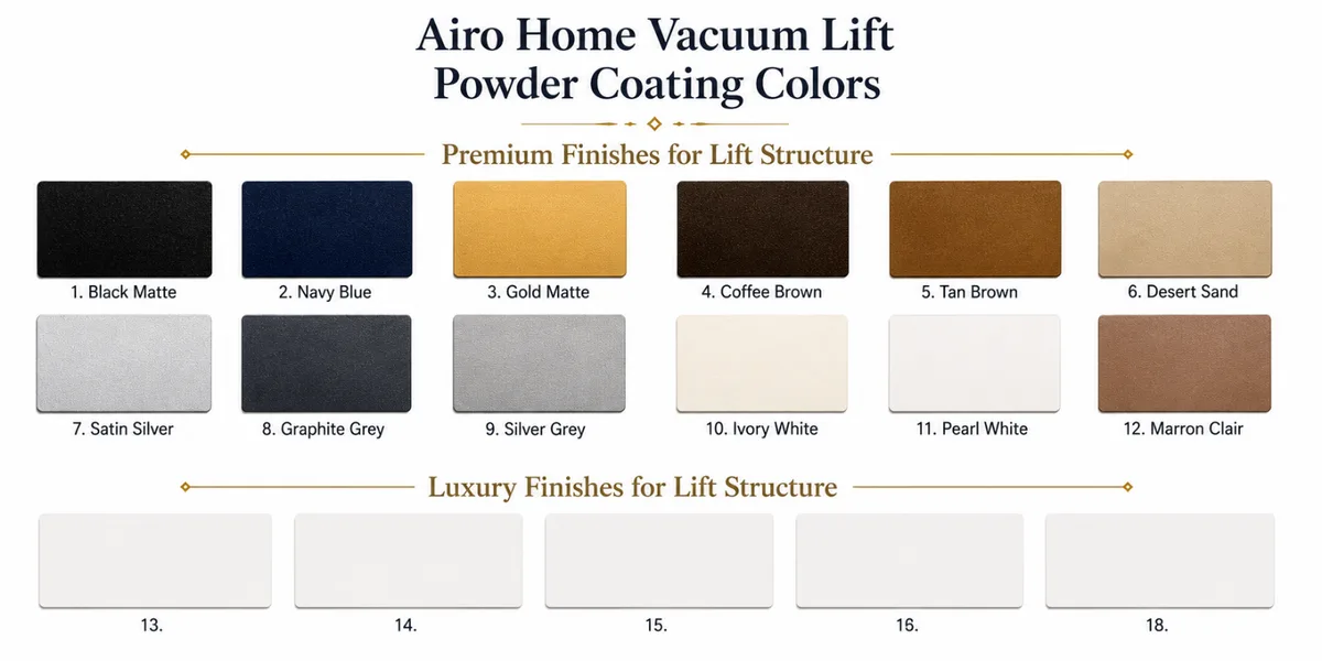Airo home vacuum lift powder coating colours — premium and luxury finishes for the lift structure