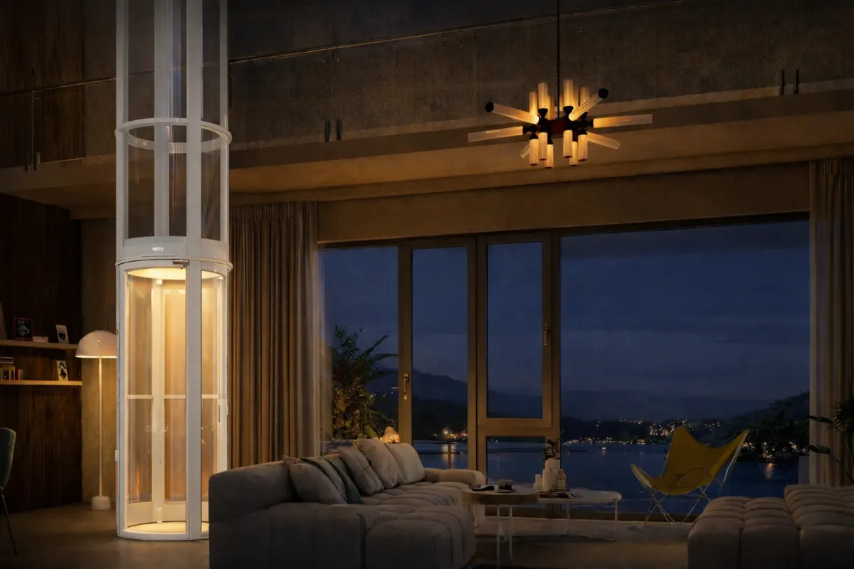 Airo house lift with white structure — evening view