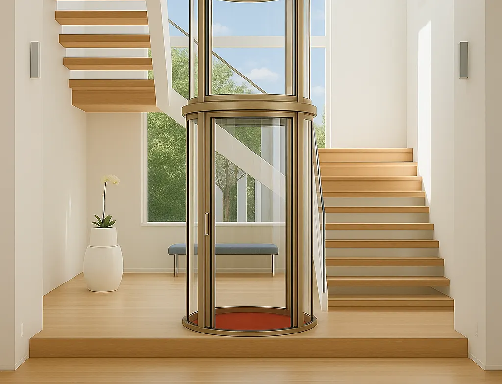 Airo light brown gold vacuum lift installed around stairs