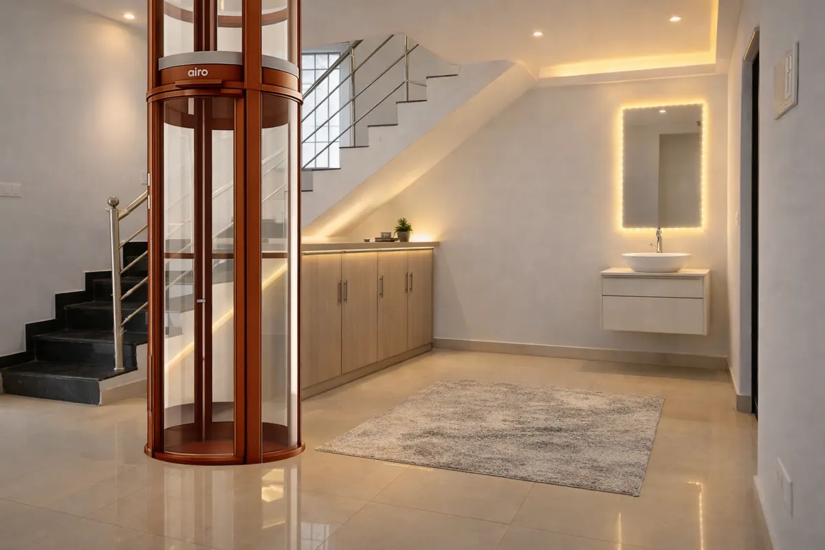 Modern staircase with Airo vacuum lift and vanity