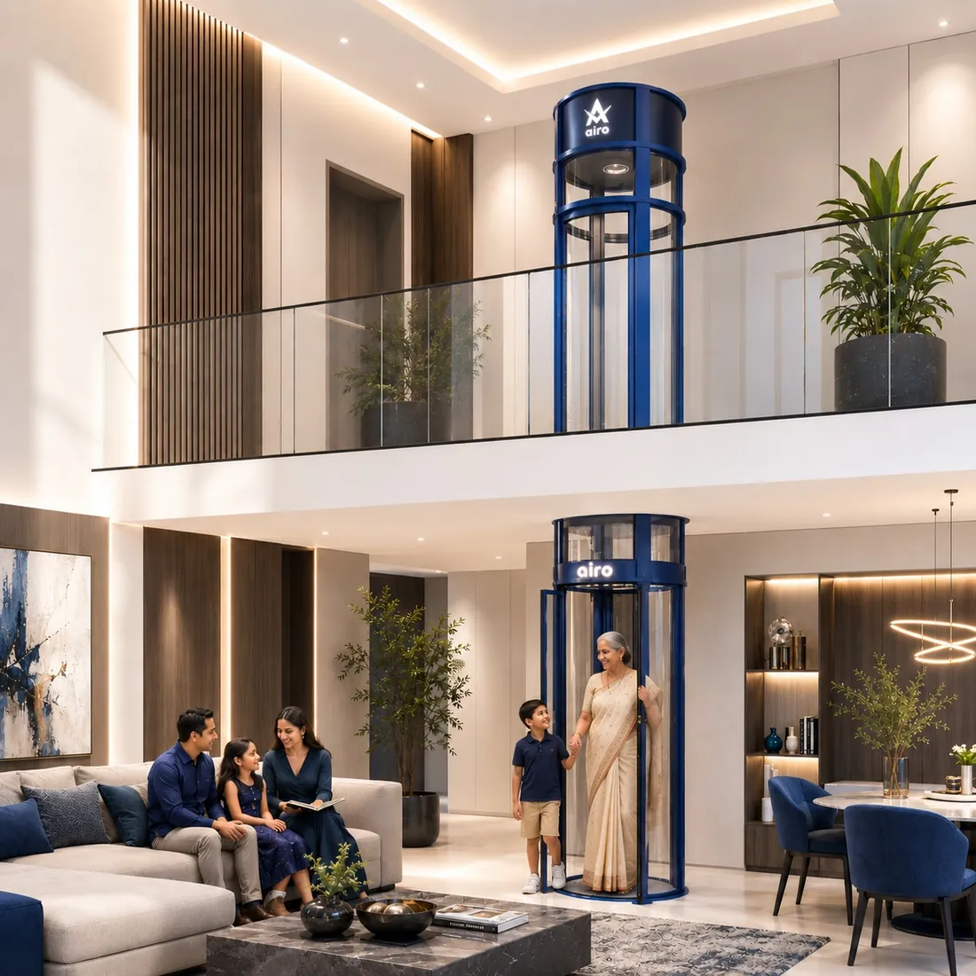 An Indian family using an Airo panoramic vacuum elevator across two floors of their home