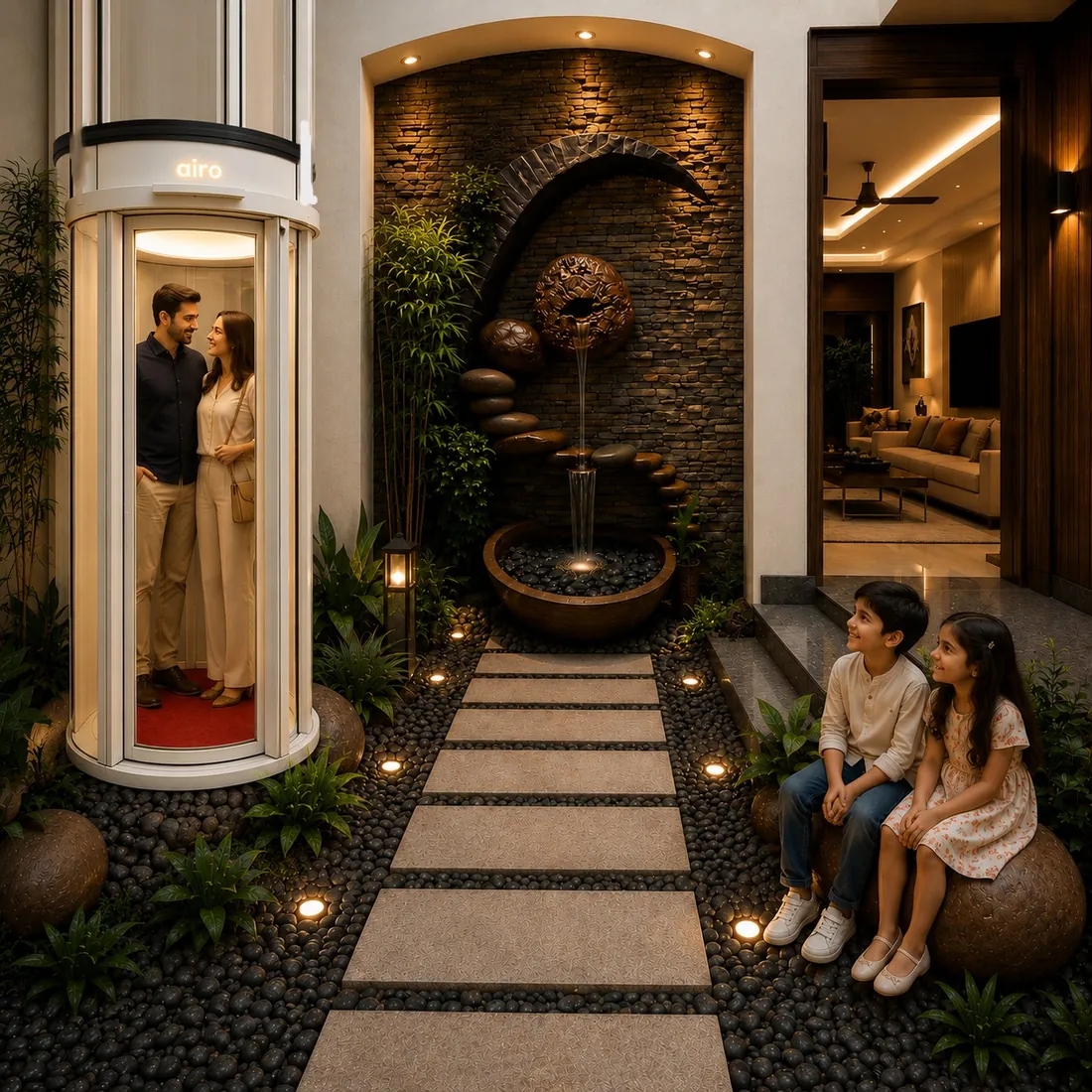 A couple stepping out of an Airo vacuum elevator into a landscaped home entrance
