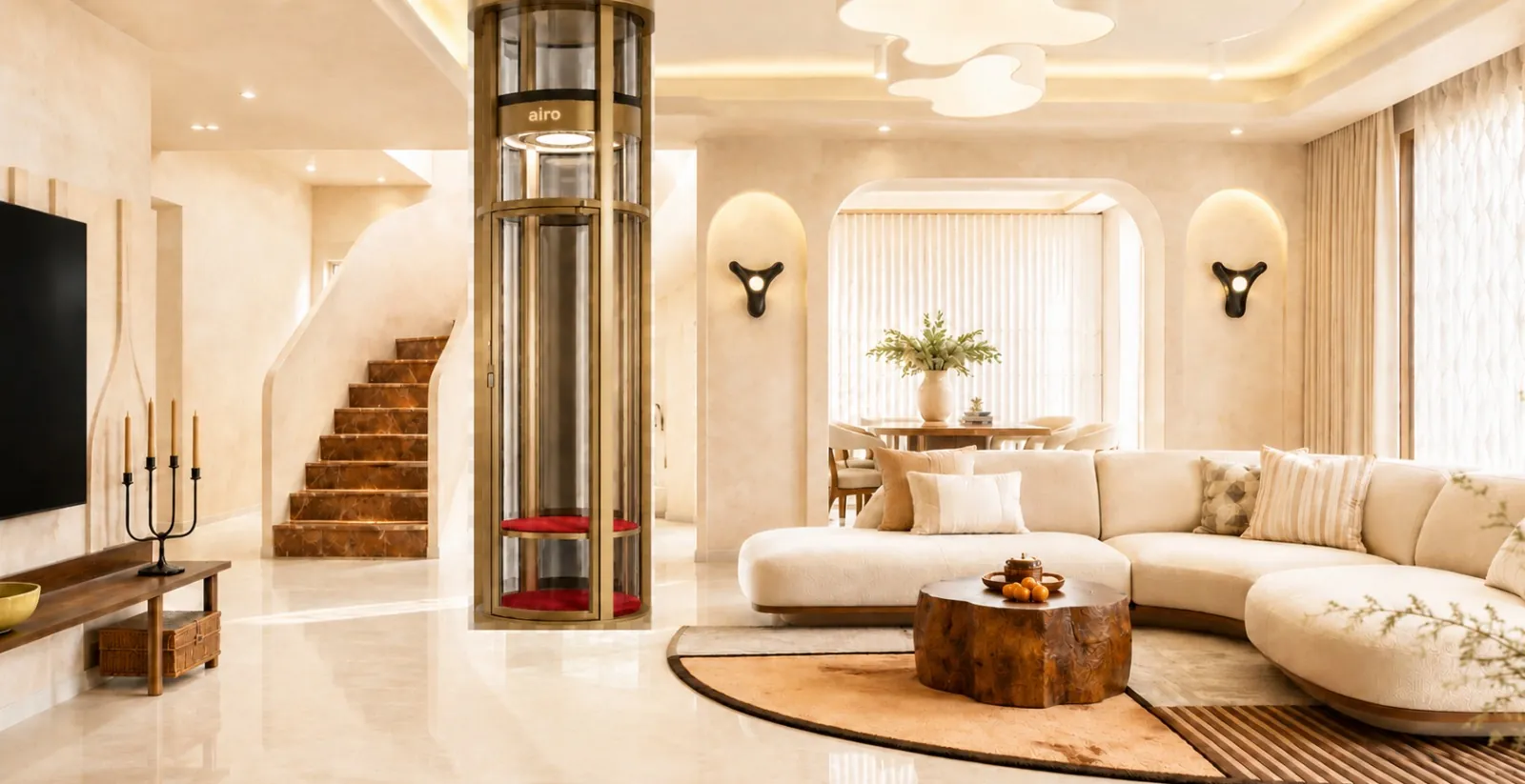 Airo vacuum elevator with a panoramic glass cabin in a luxurious modern living room