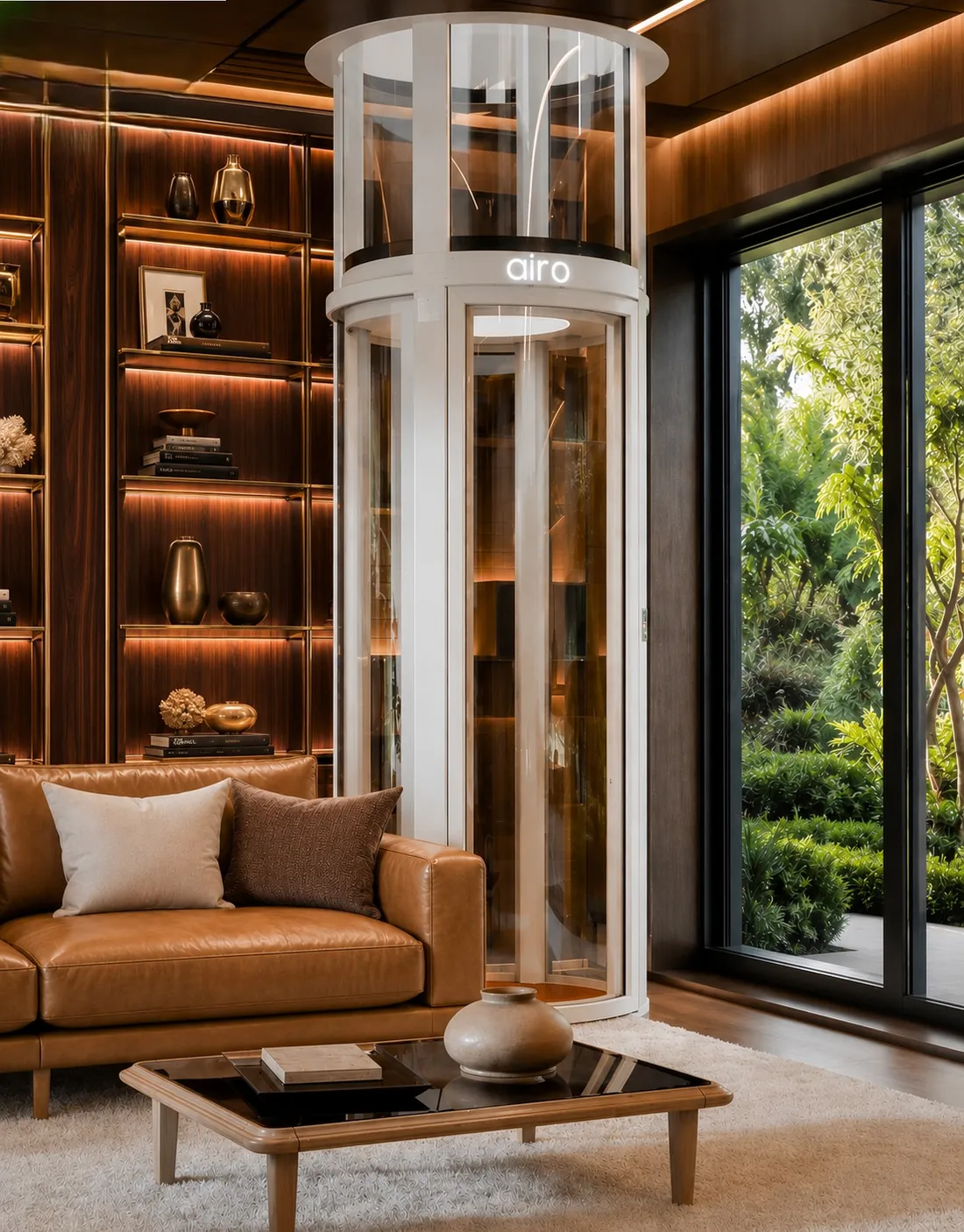 Airo air-driven vacuum elevator in an elegant wood-panelled study